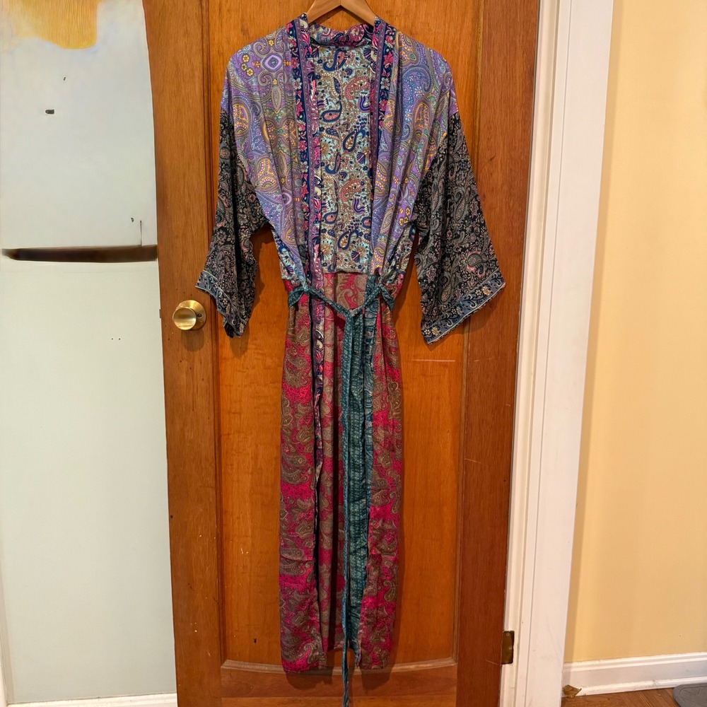 Silk robe kimono paisley floral patchwork long Medium Large pockets